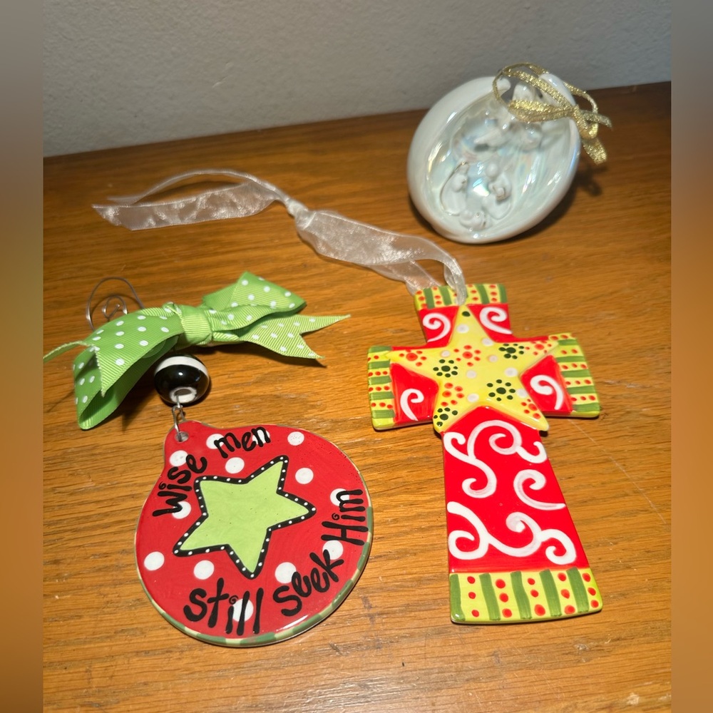 Lot of 3 ceramic christmas ornaments religious theme